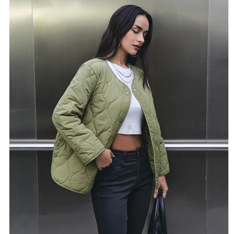 Women's Quilted Jacket, Black Padded Long Sleeve Winter Coat