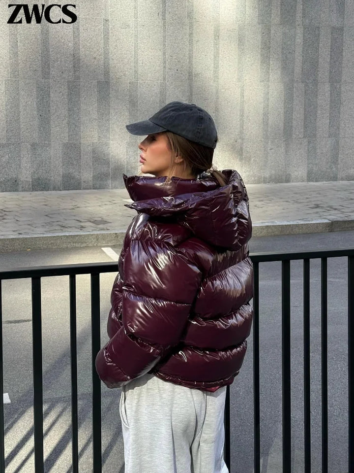 Women's Cropped Puffer Jacket, Glossy Hooded Zip Up Short Winter Coat