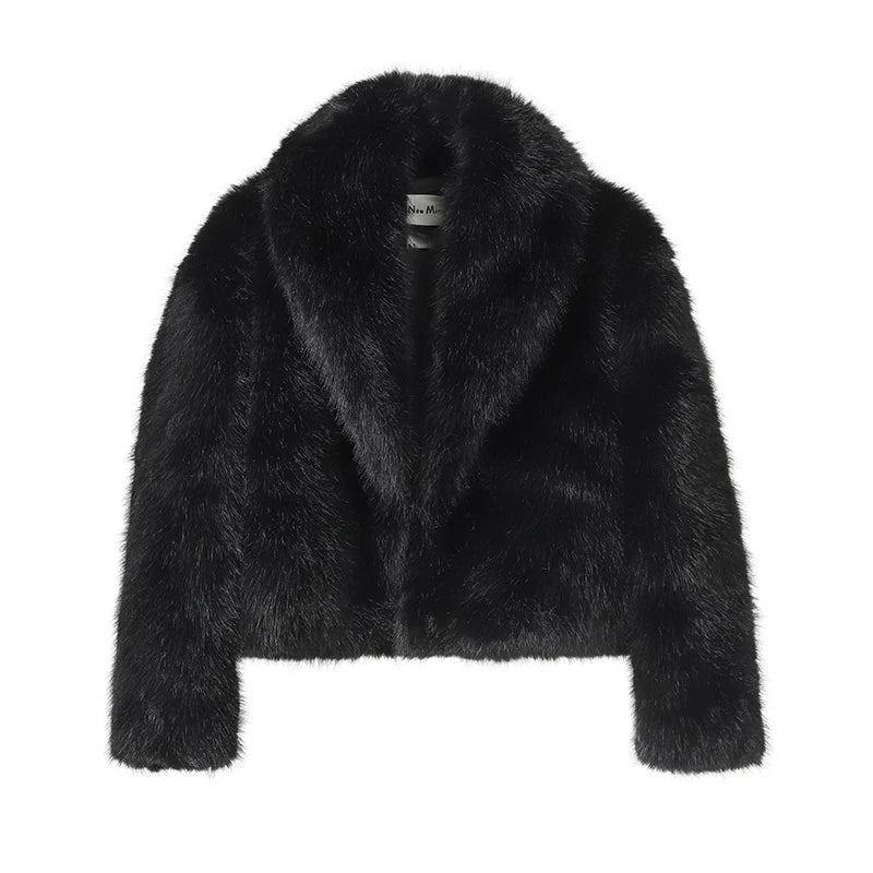 Women's Short Faux Fur Coat with Shawl Collar in Black
