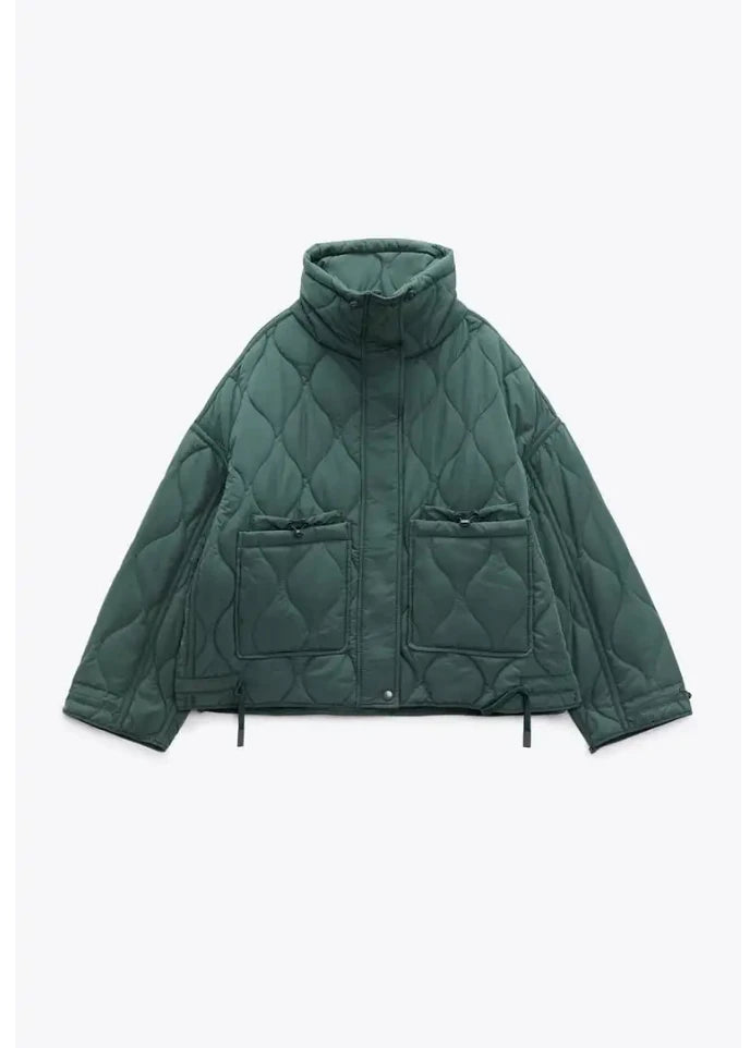 Women's Quilted Jacket, Drawstring High Neck Padded Coat with Pockets