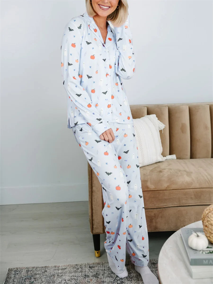 Ghostly Harvest Halloween Pajama Set for Women | Pink & Blue