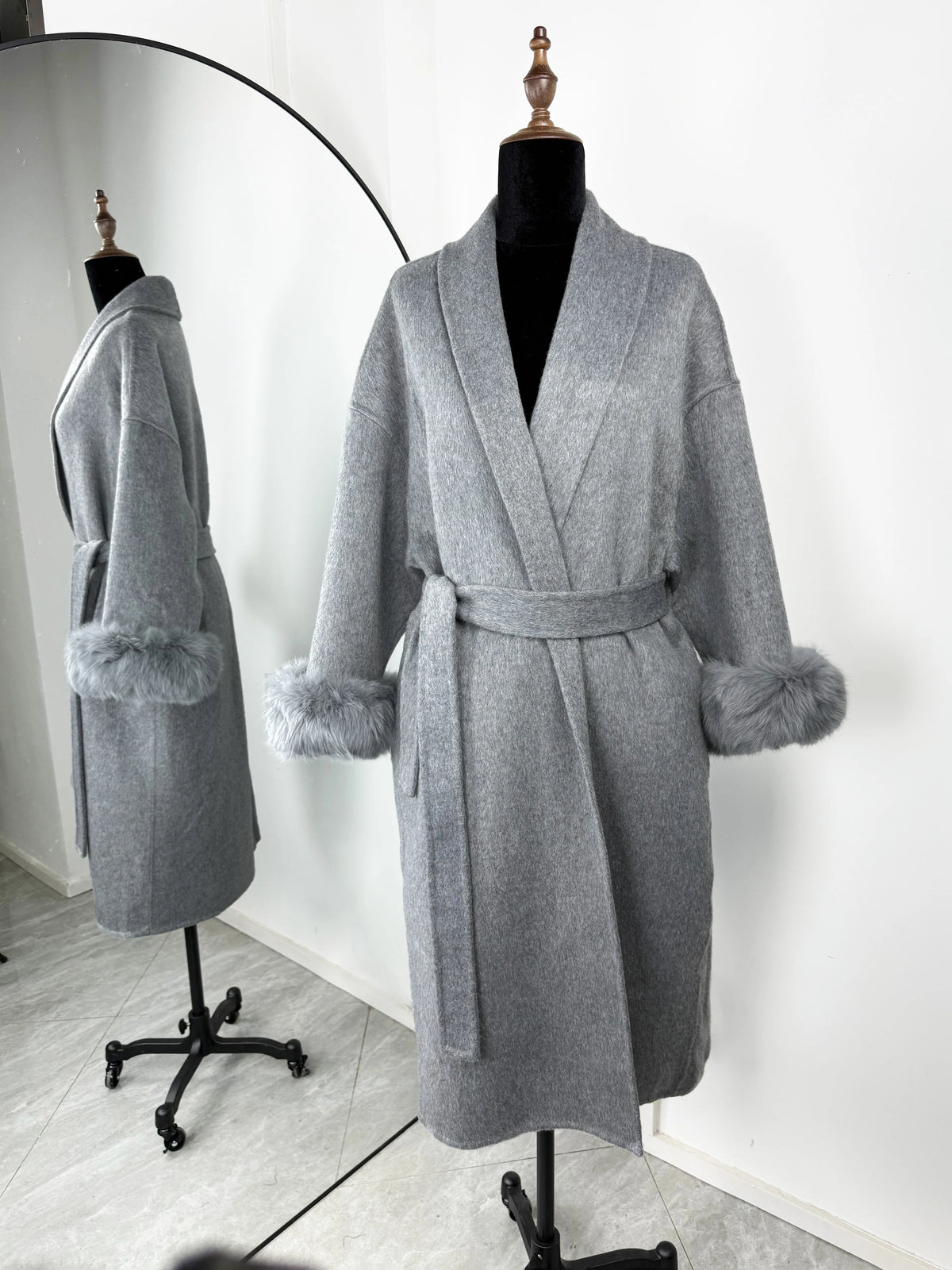 Women's Double-Sided Wool Blend Coat with Removable Plush Collar in Gray (Long)