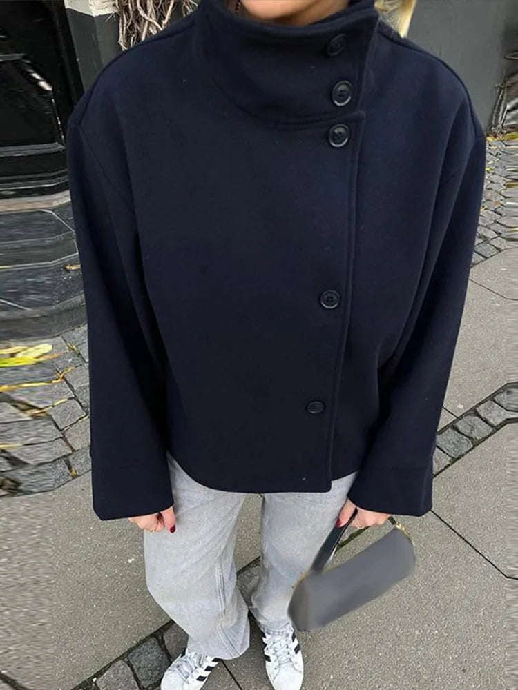 Women's Stand Collar Coat, Single Breasted Short Wool Blend Work Jacket