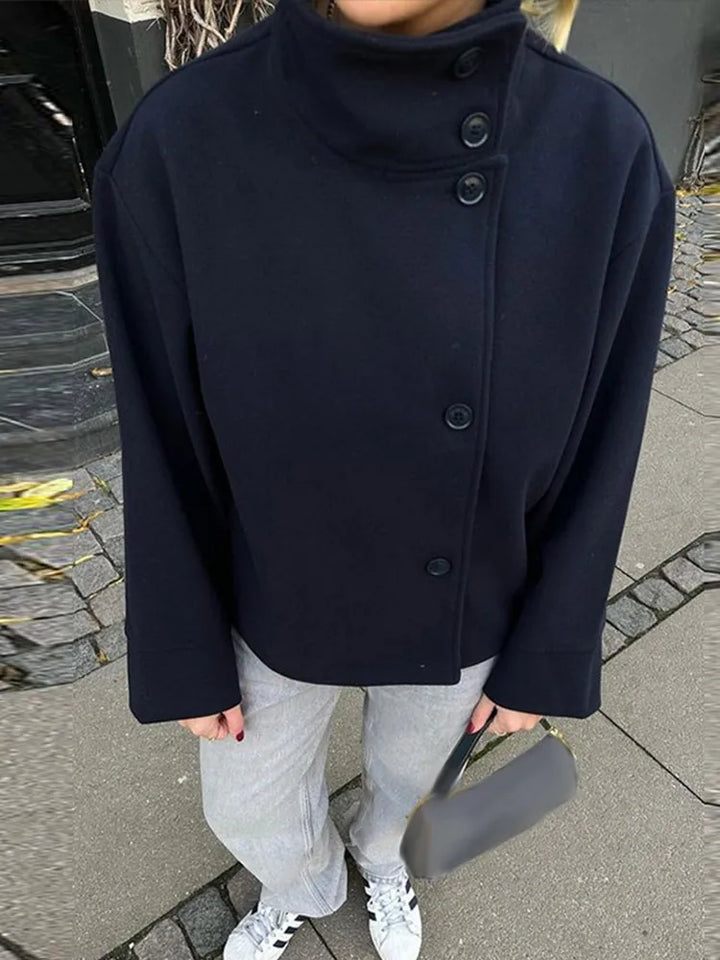 Women's Stand Collar Coat, Single Breasted Short Wool Blend Work Jacket