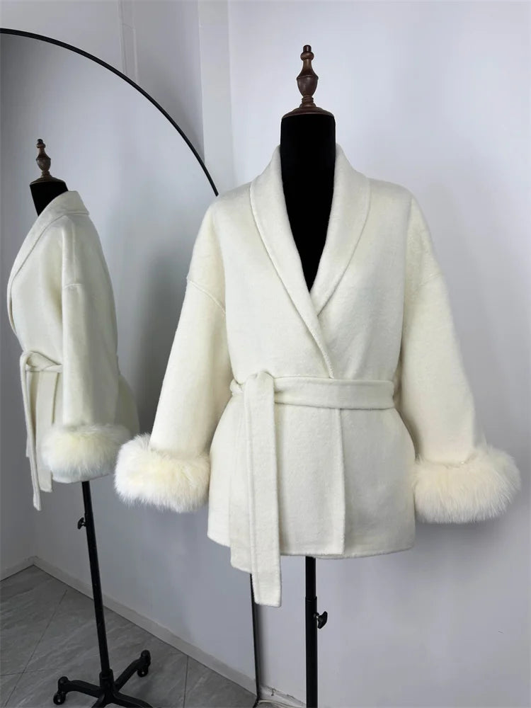 Women's Wool Coat, Double Sided Short Overcoat with Collar Detail