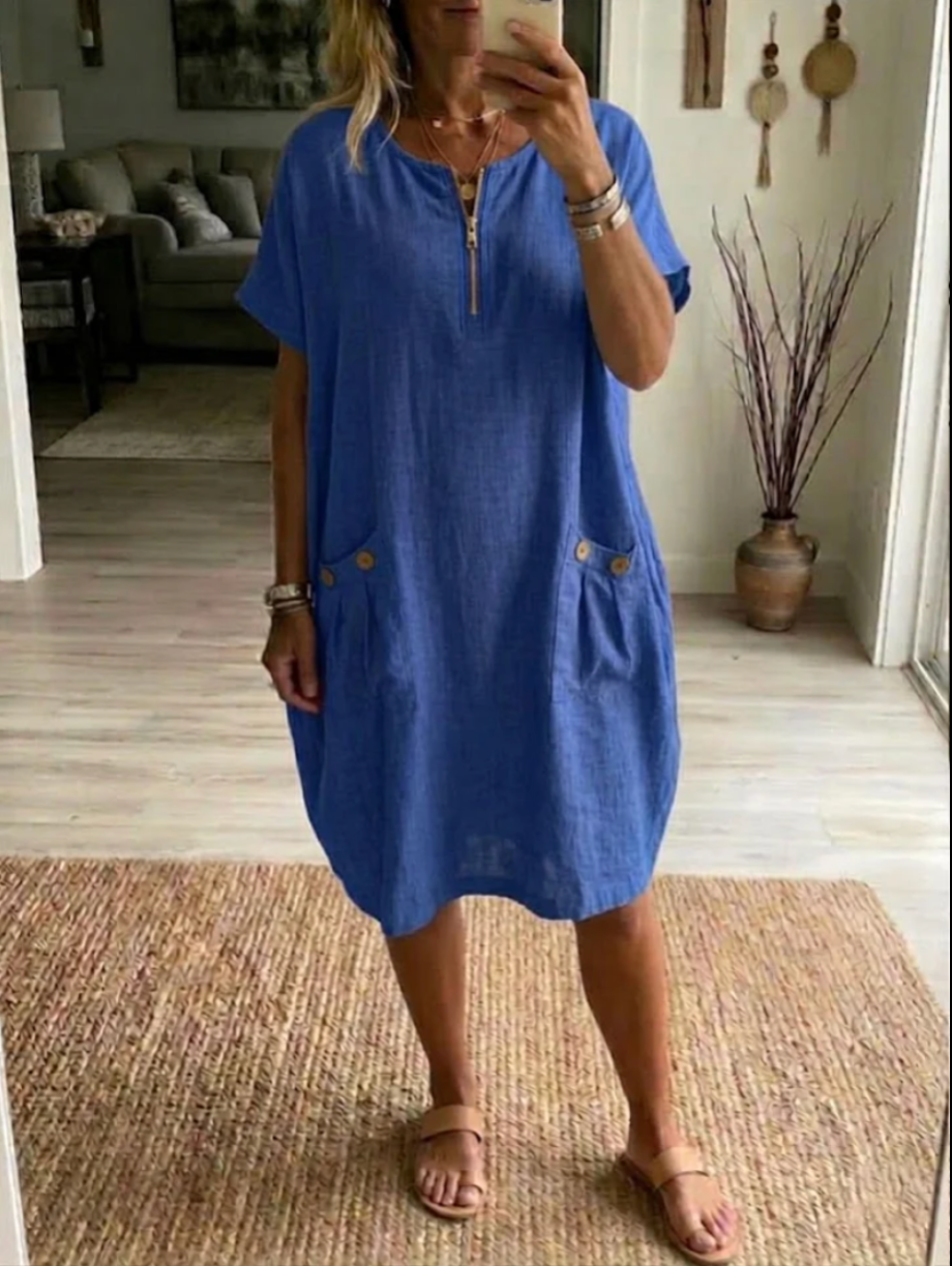 Women's Structured Fitted Dress with Front Zipper in Blue