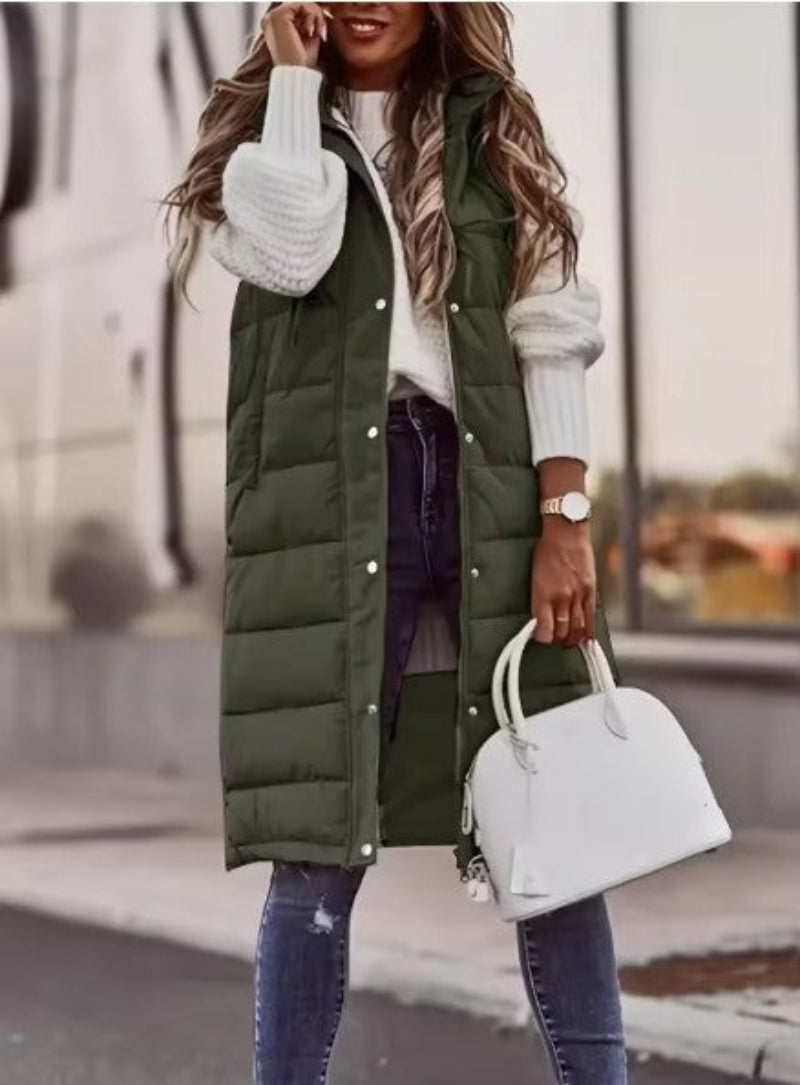 Women's Long Hooded Puffer Vest with Side Pockets in Army Green