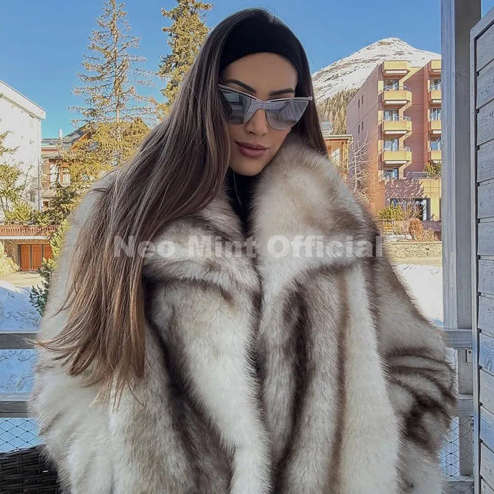 Women's Striped Faux Fur Jacket, Fluffy Collar Warm Winter Coat
