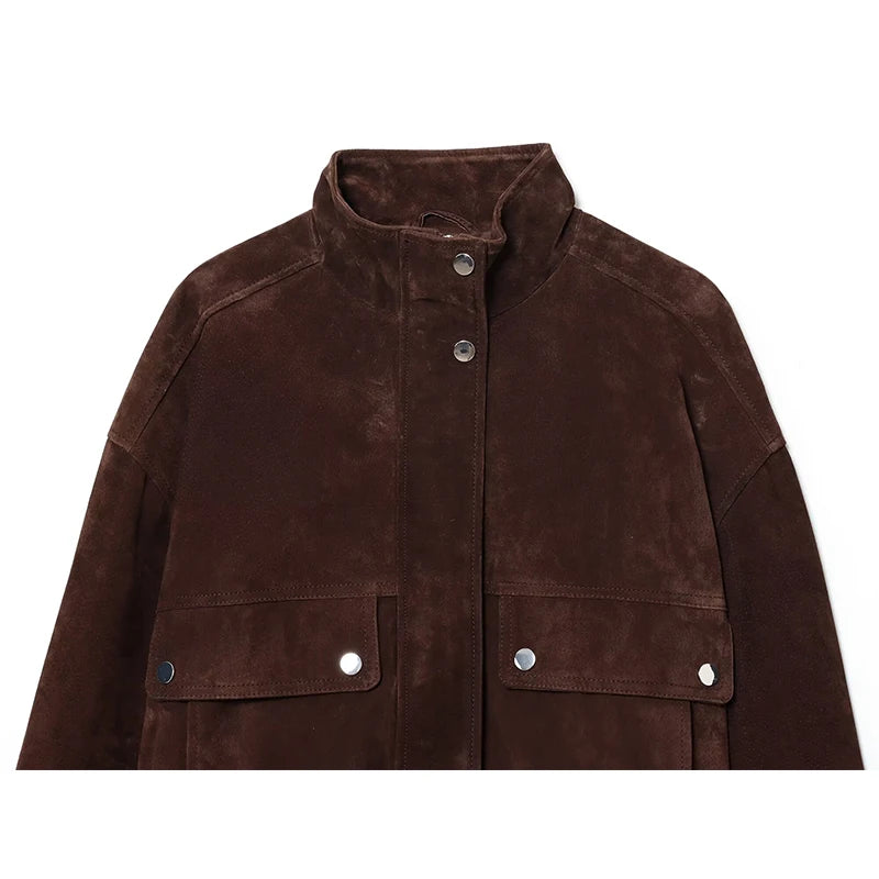 Women's Brown Slim-Fit Jacket with Large Pockets, view 6