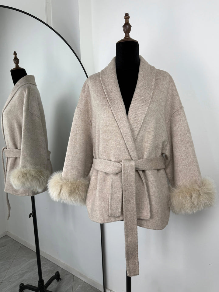 Women's Wool Blend Coat, Double Sided Short Overcoat with Fur Collar
