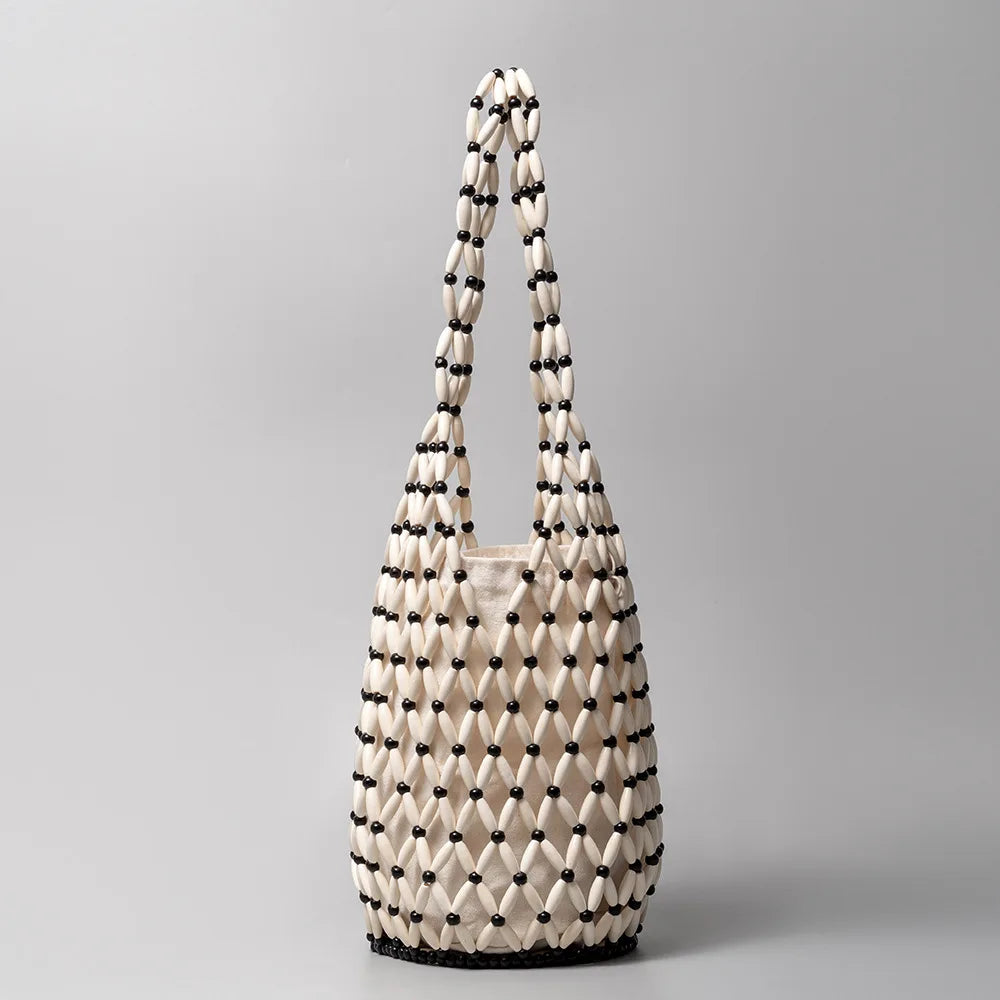 Women's Netted Woven Beach Tote with Wooden Beads in White