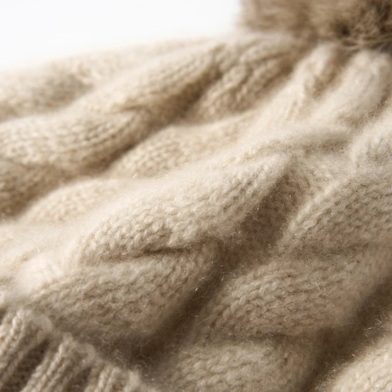 Women's Hand-Knit Cashmere Cable Beanie with Pom-Pom, view 11