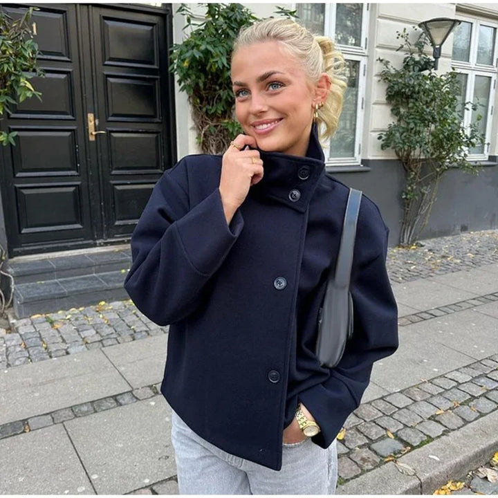 Women's Stand Collar Coat, Single Breasted Short Wool Blend Work Jacket