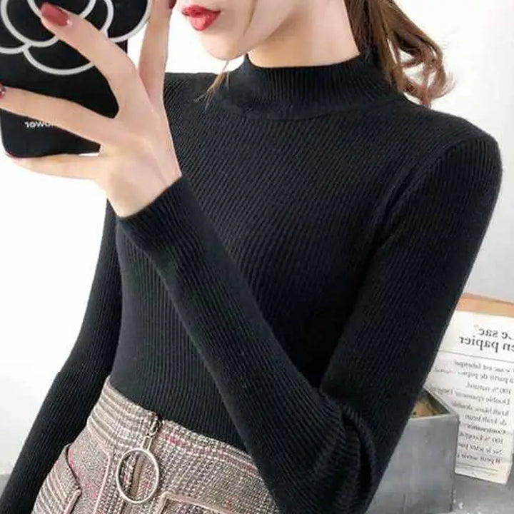 Women's Mock Neck Sweater, Slim Fit Knit Pullover Basic Top