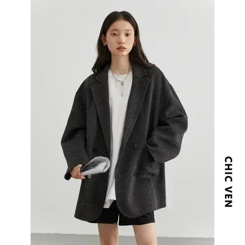 Women's Loose Double-Breasted Retro Coat in Dark Gray