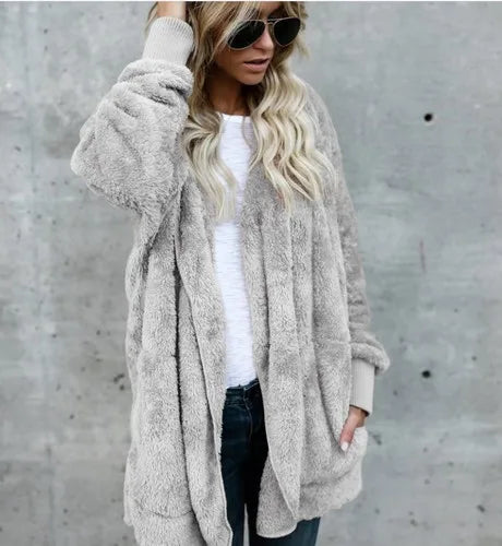 Women's Fleece Jacket, Oversized Hooded Sherpa Cardigan Coat