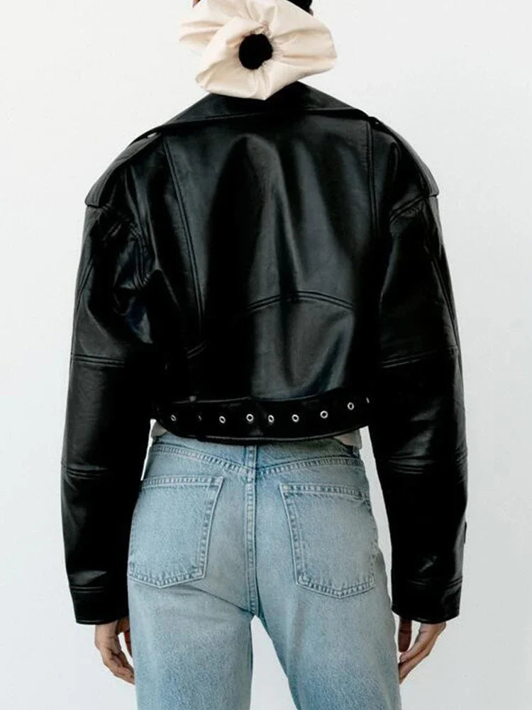 Women's Black Oversized Belted Faux Leather Biker Jacket, view 3