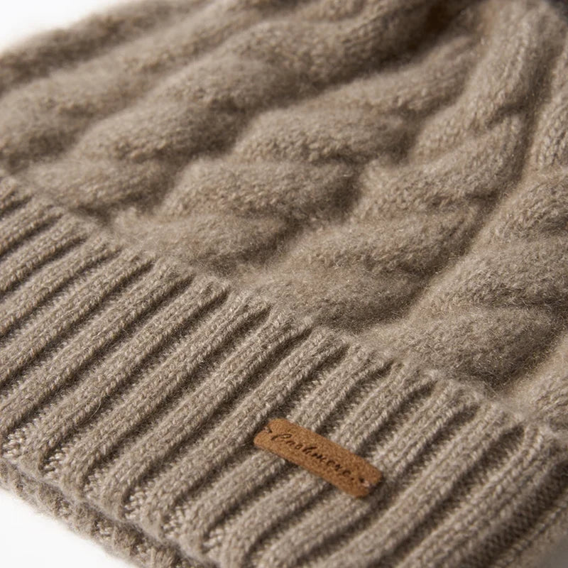 Women's Hand-Knit Cashmere Cable Beanie with Pom-Pom, view 19