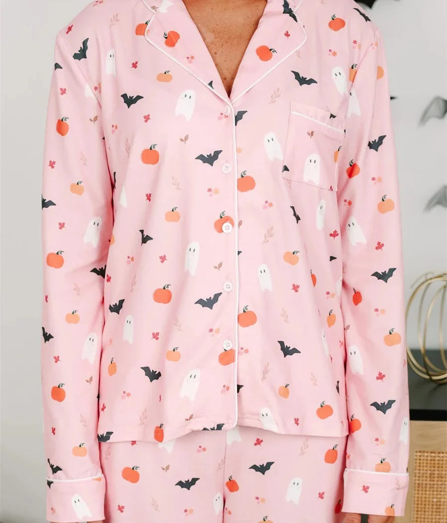 Ghostly Harvest Halloween Pajama Set for Women | Pink & Blue