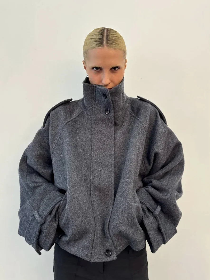 Women's Stand Collar Coat, Single Breasted Short Wool Blend Work Jacket