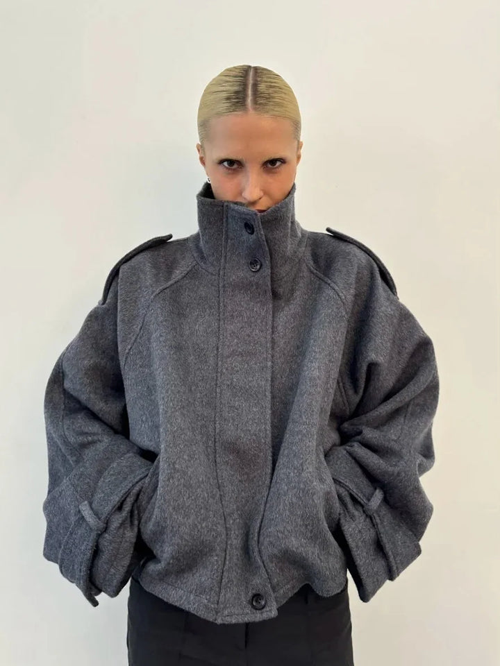 Women's Stand Collar Coat, Single Breasted Short Wool Blend Work Jacket