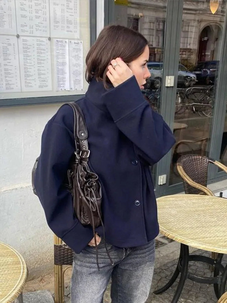 Women's Stand Collar Coat, Single Breasted Short Wool Blend Work Jacket