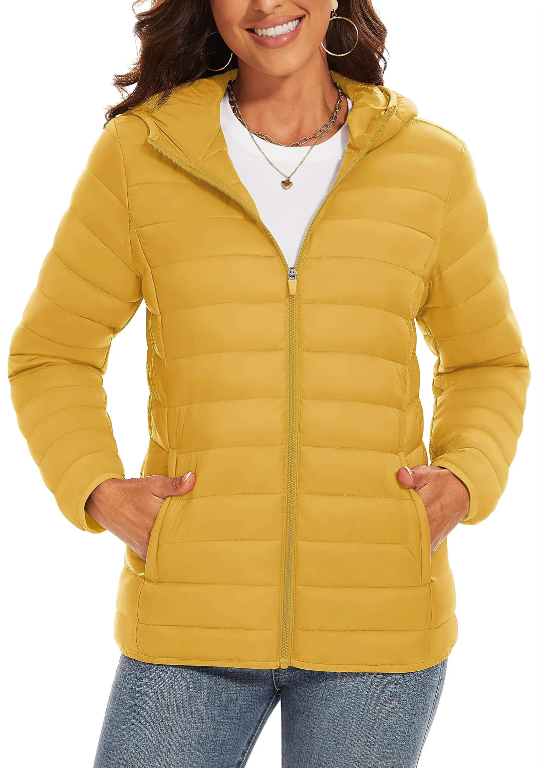 Women's Hooded Puffer Jacket, Lightweight Quilted Padded Windbreaker Coat