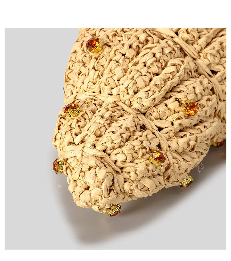 Women's Beige Woven Shell Bag with Wooden Bead Handle, view 6