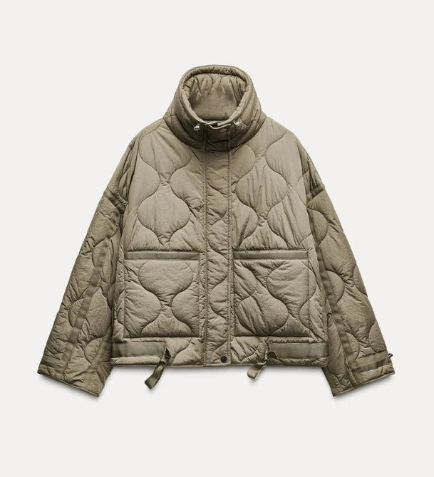 Women's Quilted Jacket, Drawstring High Neck Padded Coat with Pockets