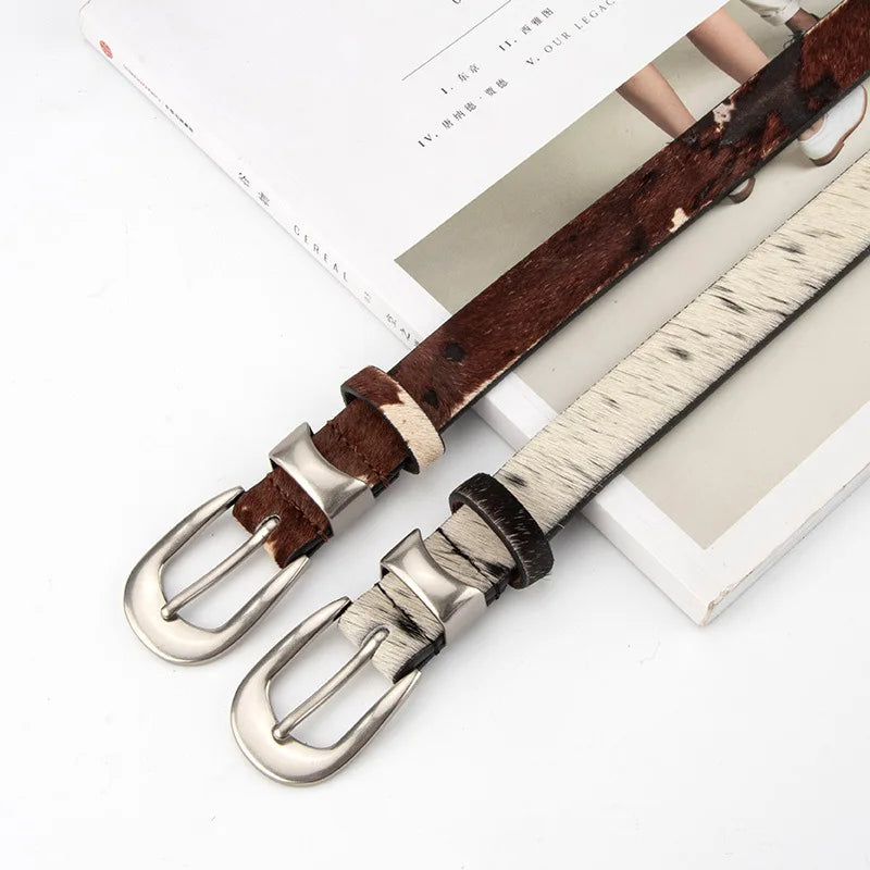 Women's Animal Print Leather Belt with Metal Buckle in Black and White