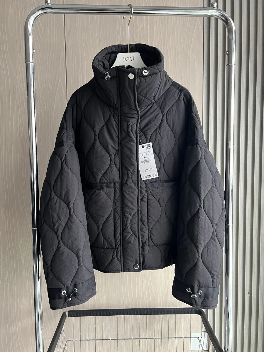 Women's Quilted Jacket, Drawstring High Neck Padded Coat with Pockets
