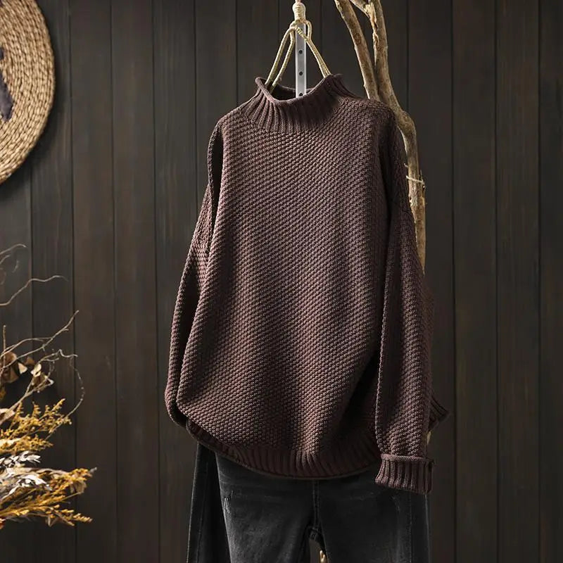Women's Textured Knit Sweater with Ribbed Mock Neck in Brown
