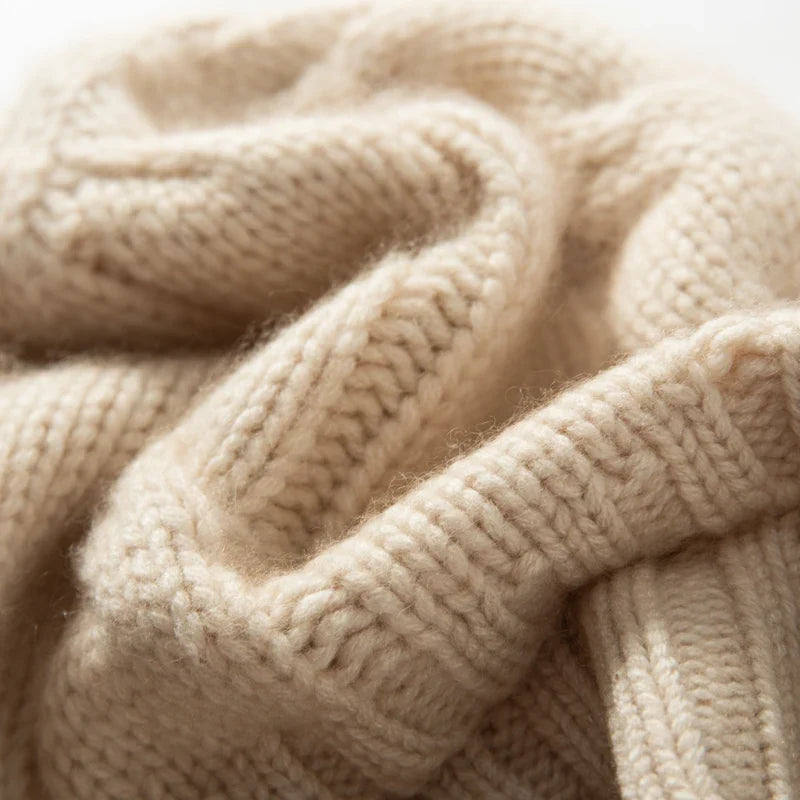 Women's Chunky Cable Cashmere Beanie with Ribbed Cuff, view 8