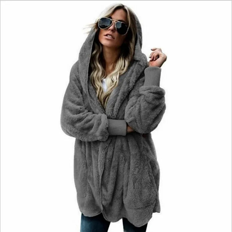 Women's Fleece Jacket, Oversized Hooded Sherpa Cardigan Coat