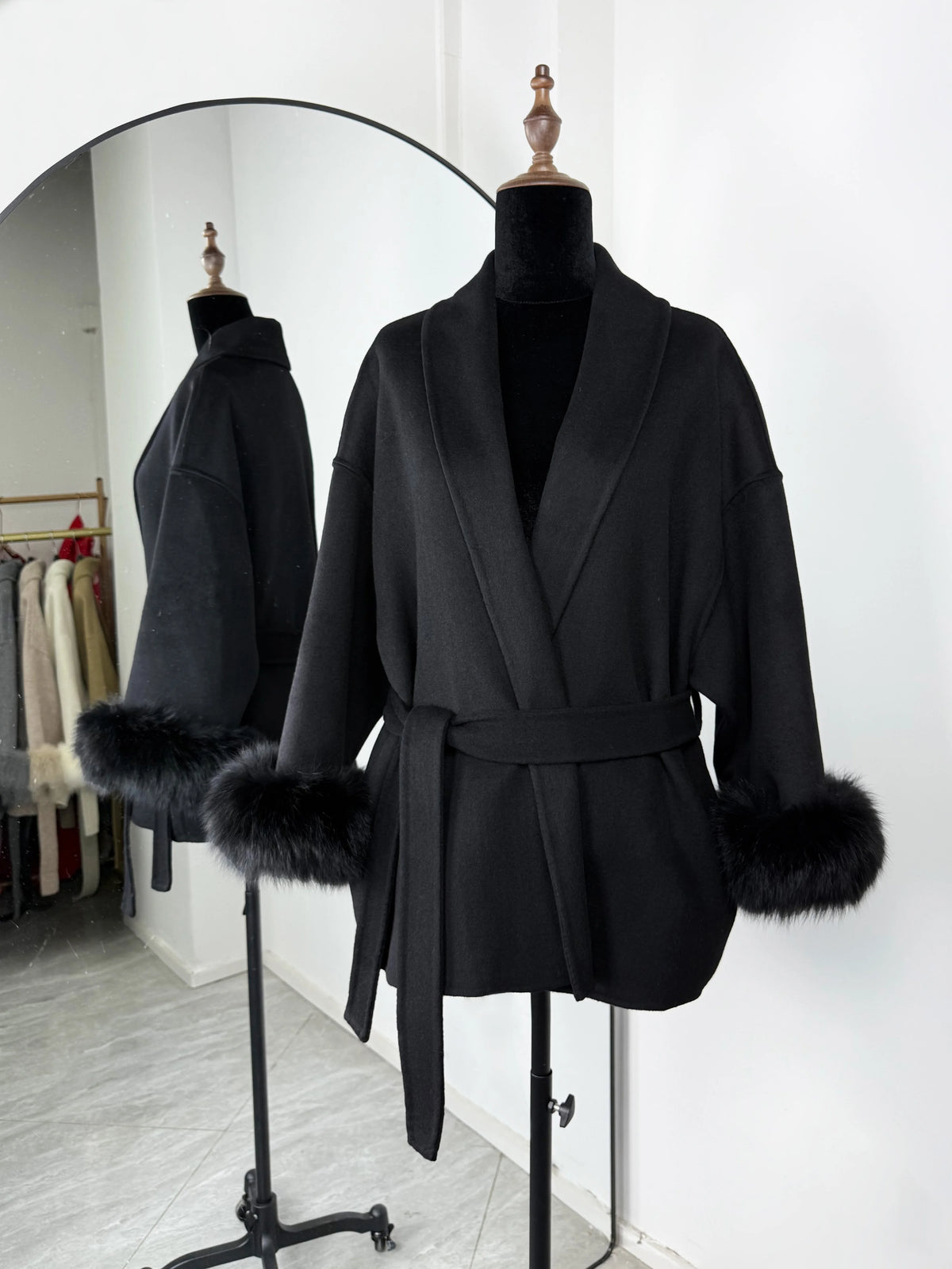 Women's Double-Sided Wool Blend Coat with Removable Plush Collar in Black