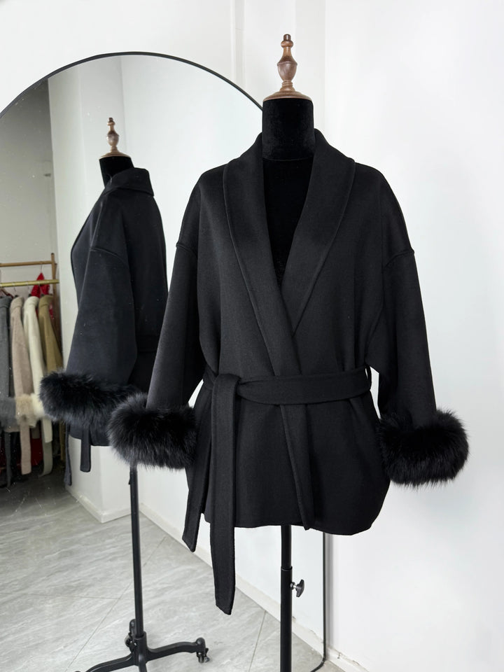Women's Wool Blend Coat, Double Sided Short Overcoat with Fur Collar