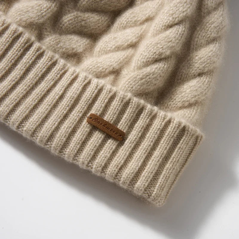 Women's Hand-Knit Cashmere Cable Beanie with Pom-Pom, view 12
