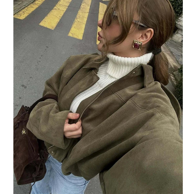 Women's Bomber Jacket, Faux Suede Zip Up Oversized Varsity Coat