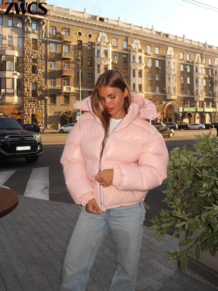 Women's Cropped Puffer Jacket, Glossy Hooded Zip Up Short Winter Coat