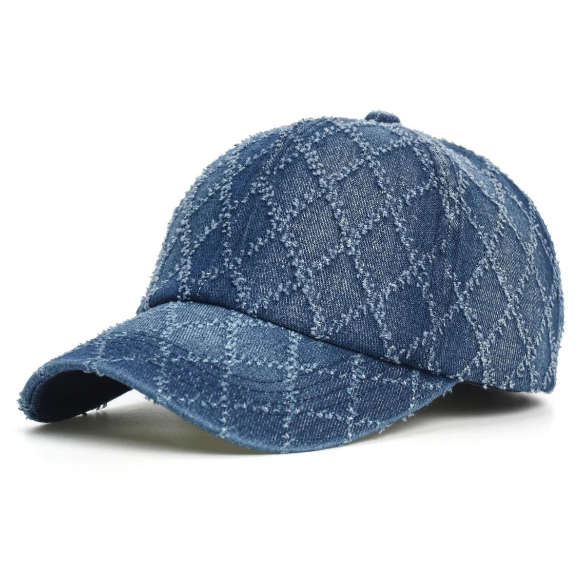 Women's Quilted Denim Baseball Cap with Frayed Edges in Navy