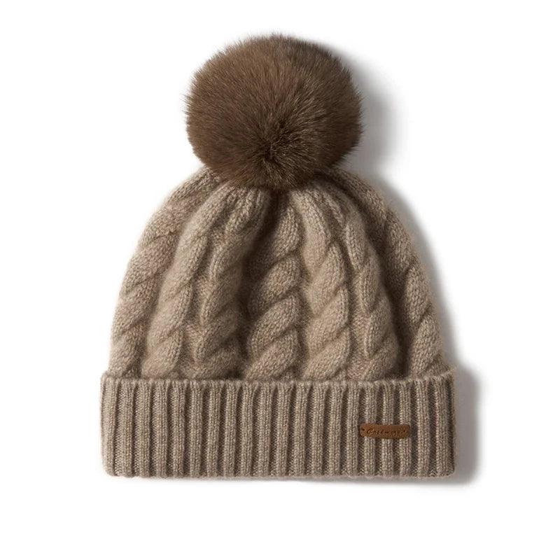 Women's Hand-Knit Cashmere Cable Beanie with Pom-Pom, view 15