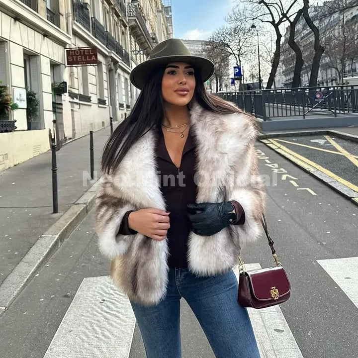 Women's Striped Faux Fur Jacket, Fluffy Collar Warm Winter Coat