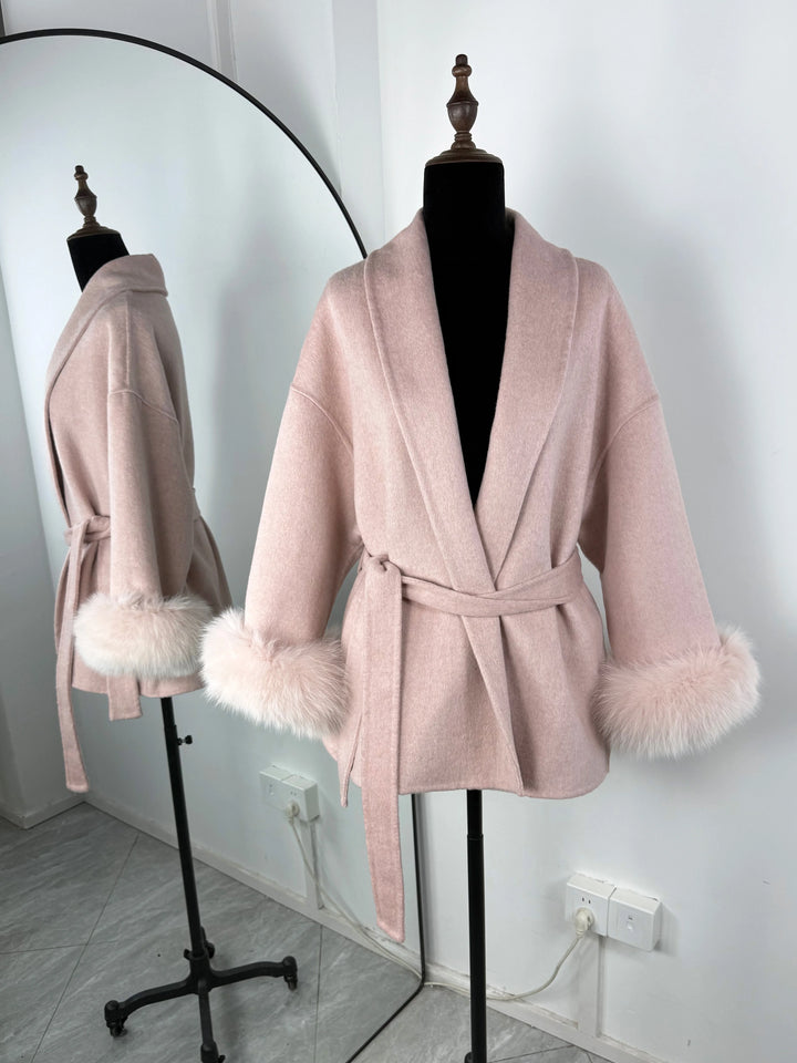 Women's Wool Blend Coat, Double Sided Short Overcoat with Fur Collar