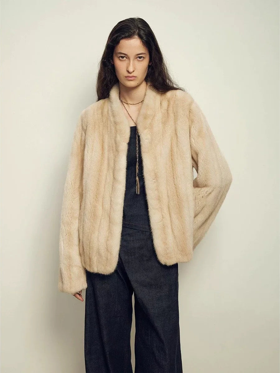 Women's Faux Mink Fur Coat, Short Stand Collar Fluffy Winter Jacket