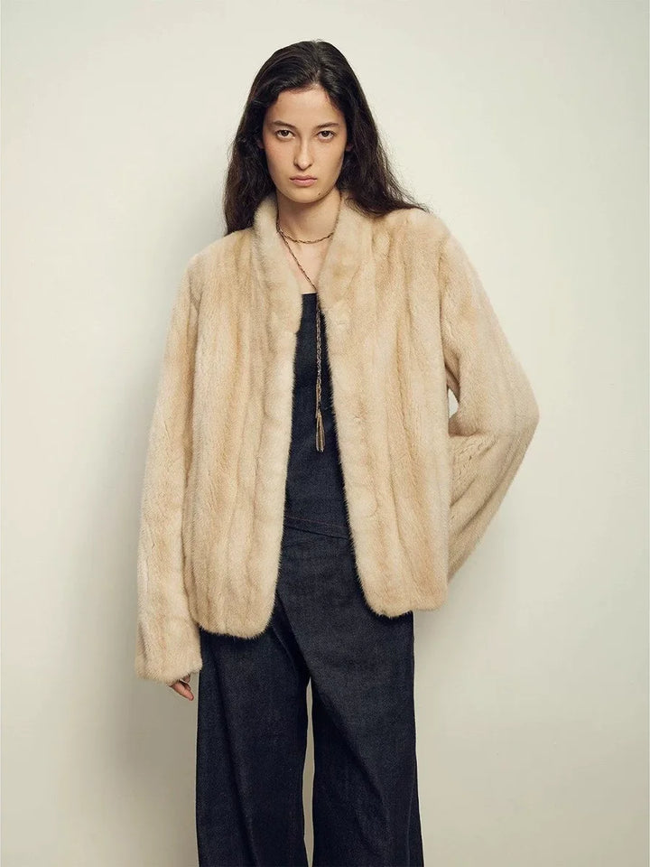 Women's Faux Mink Fur Coat, Short Stand Collar Fluffy Winter Jacket
