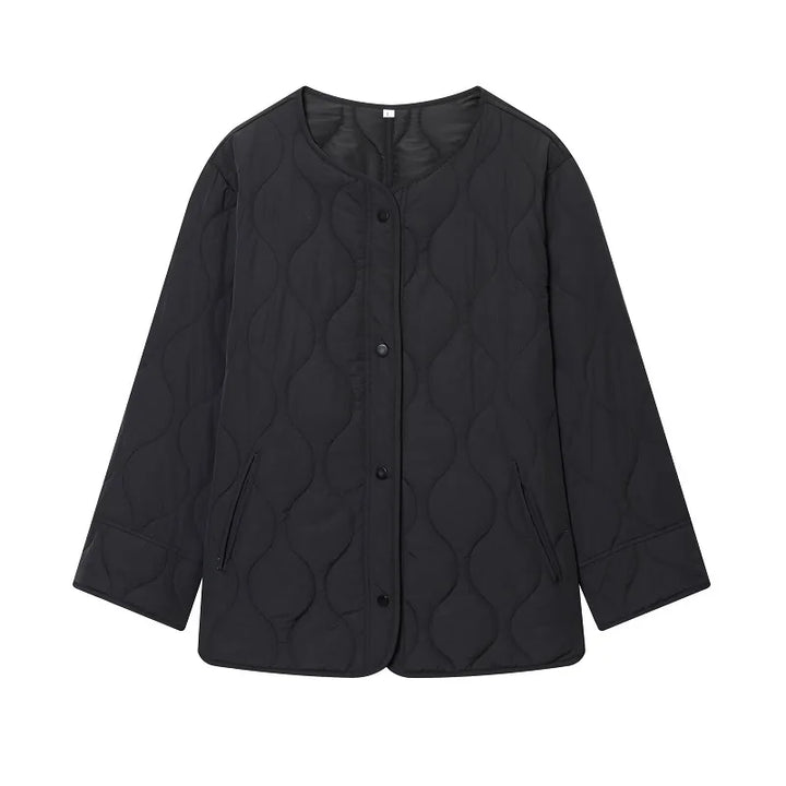 Women's Quilted Jacket, Black Padded Long Sleeve Winter Coat