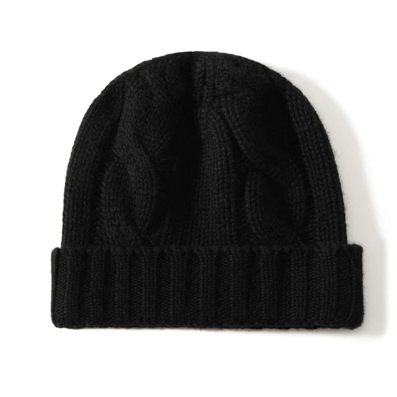 Women's Chunky Cable Cashmere Beanie with Ribbed Cuff in Black