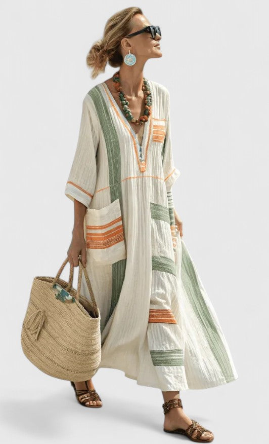 Women's Two-Tone Relaxed-Fit Maxi Dress in Beige Green