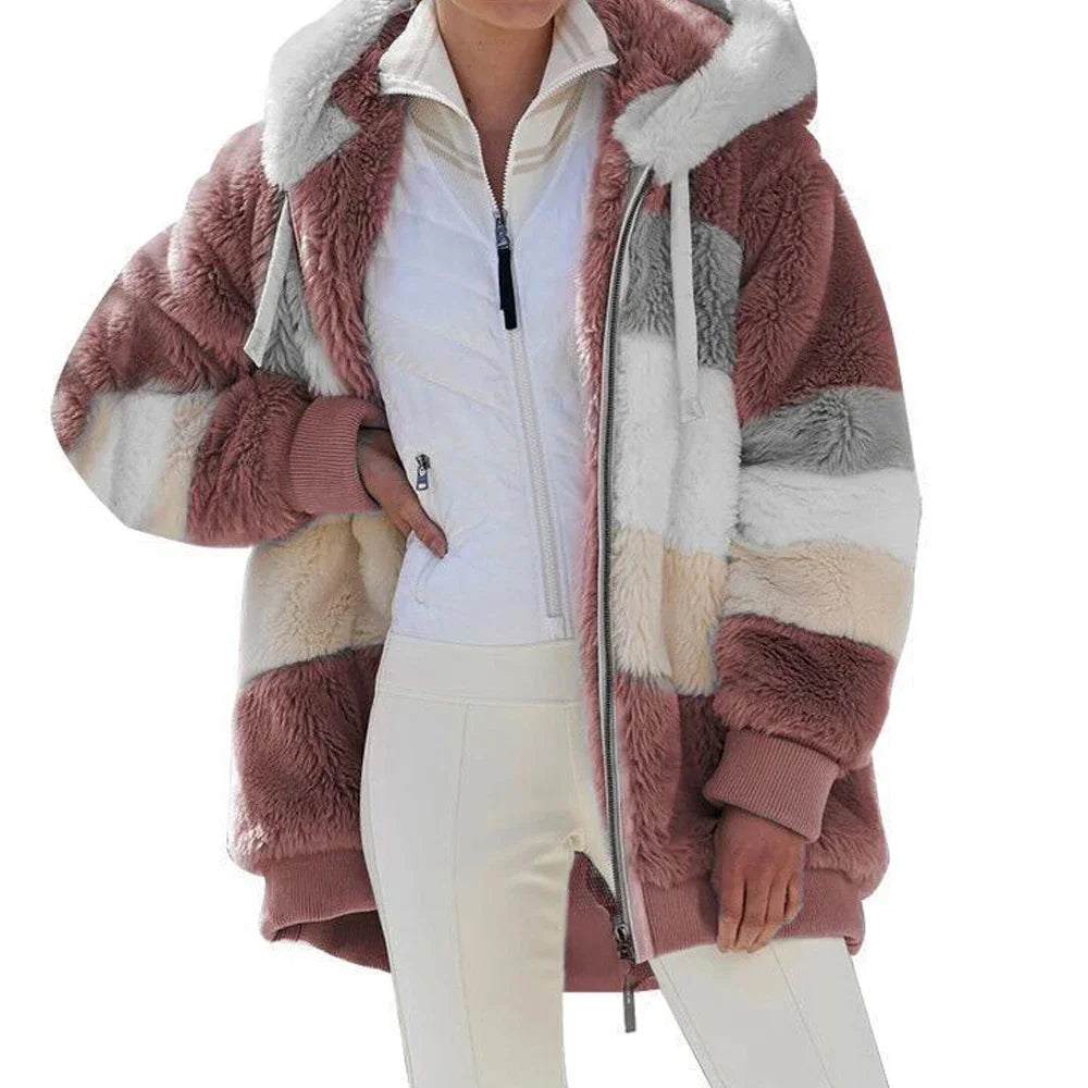 Women's Hooded Zip-Up Winter Coat with Plaid Panels in Red