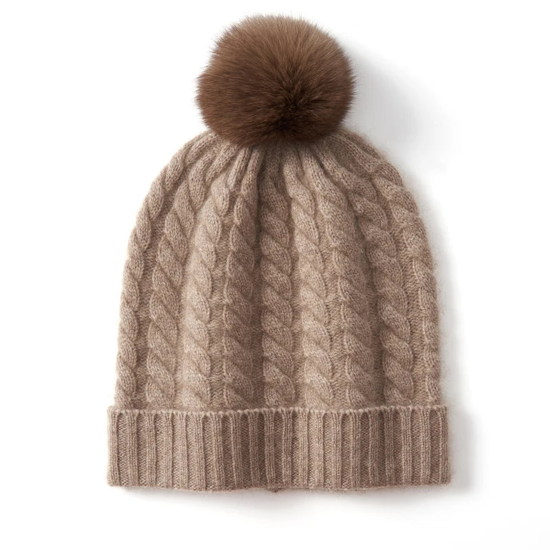 Women's Soft Knit Cashmere Beanie with Pom-Pom in Camel